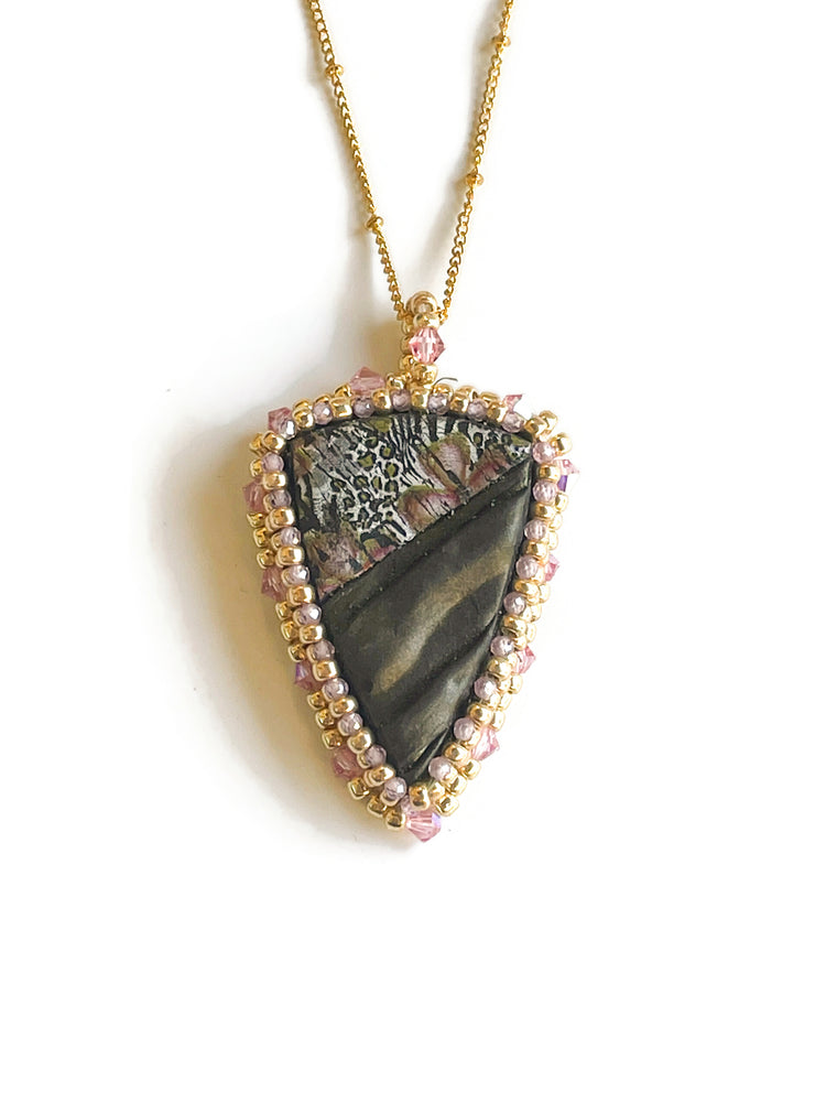 Beaded black and white with pink accents triangle necklace