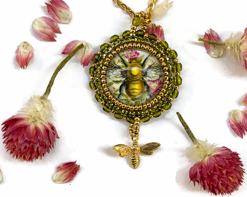 Beaded Flight of the Bumblebee Green and Gold Pendant Necklace