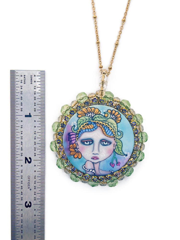 Stunning Spring Time Flowers Painted Lady Beaded Pendant Necklace