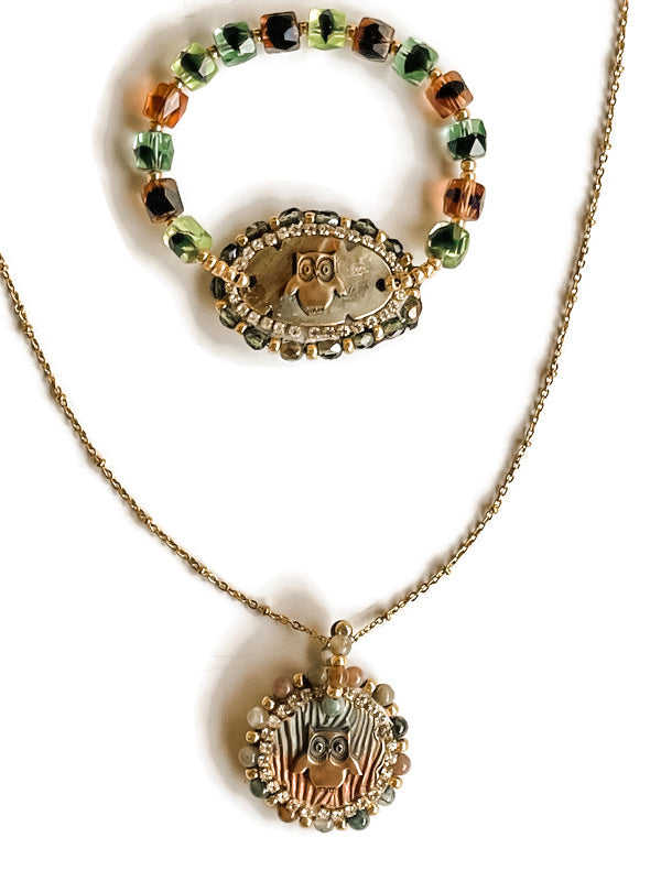Gorgeous earth toned beaded owl necklace and bracelet set