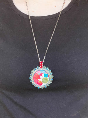 Beaded Red, White, and Blue Dried Flower Pendant Necklace