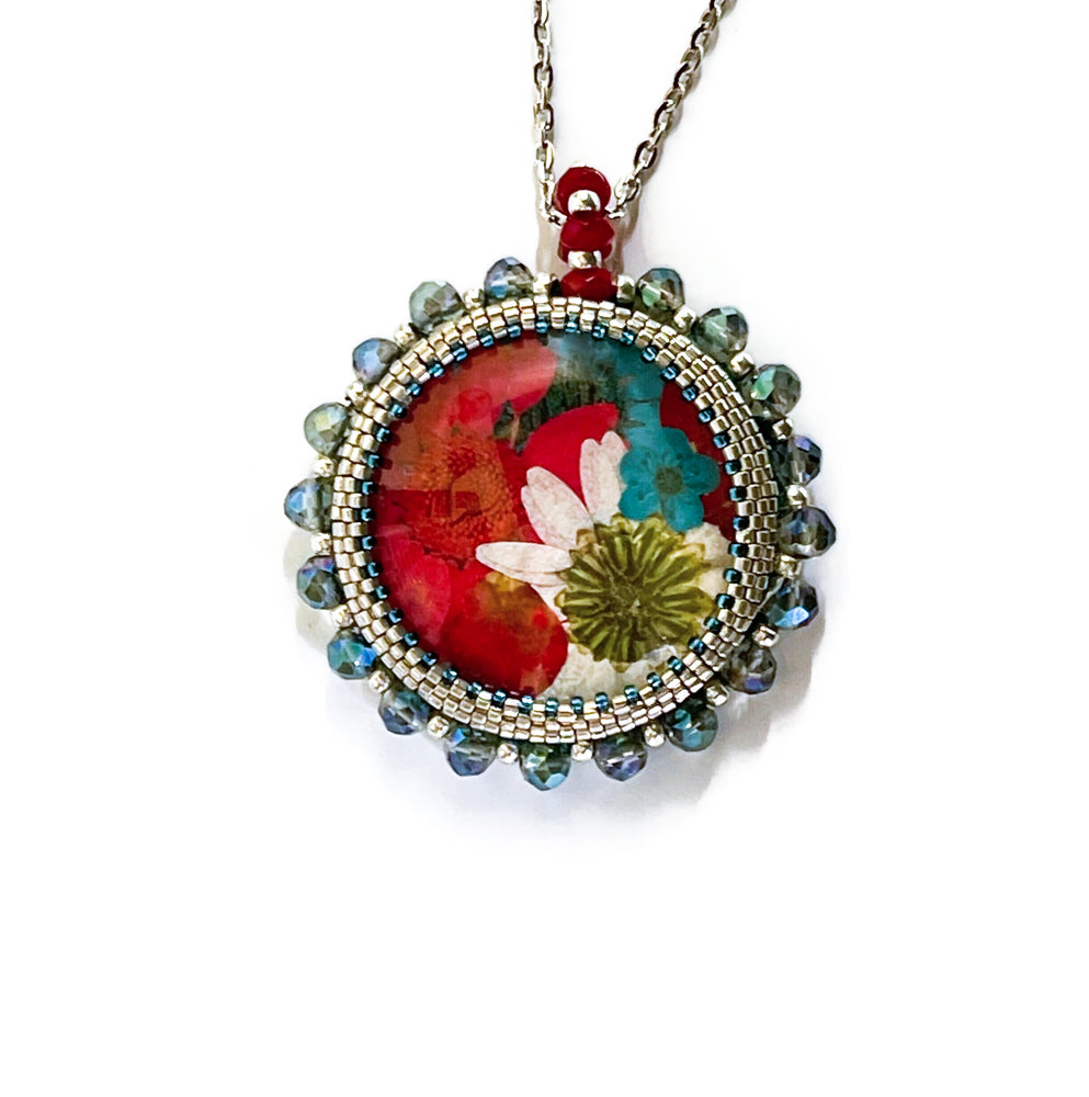 Beaded Red, White, and Blue Dried Flower Pendant Necklace