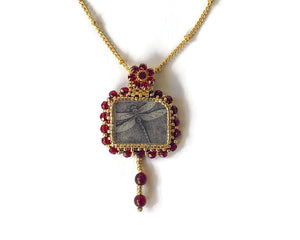 Beaded Burgandy/Red Dragonfly Pendant Necklace