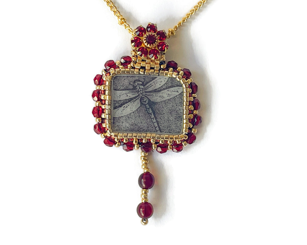 Beaded Burgandy/Red Dragonfly Pendant Necklace